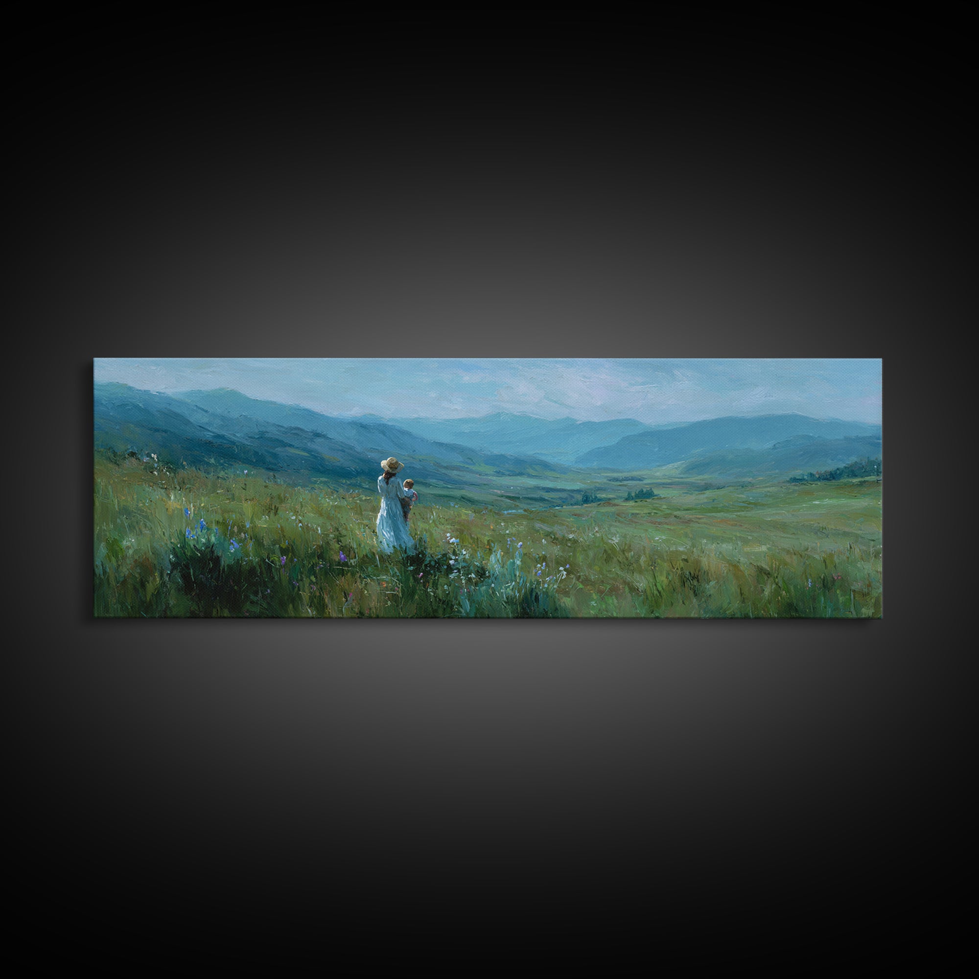Mother And Child Over Mountain Valley Framed Canvas Print, Panoramic Landscape Wall Art, Blue Green Nature Decor Gift For Her