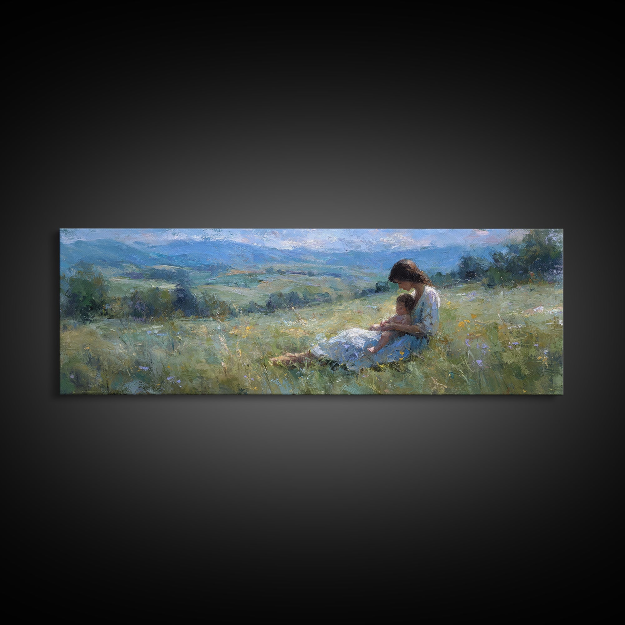Mother And Child In Blue Mountain Meadow Canvas Print, Impressionist Landscape Wall Art, Peaceful Bedroom Decor, Gift For Her