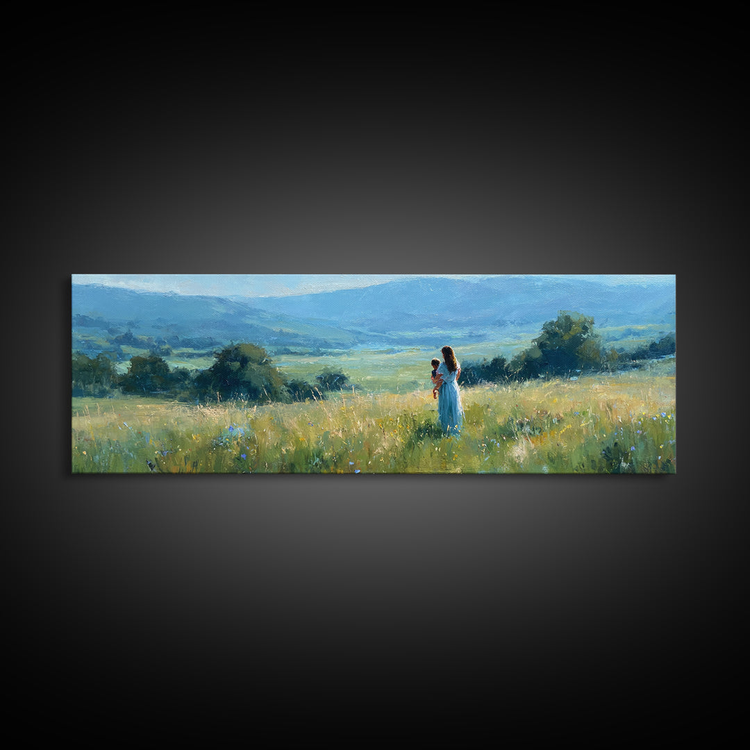 Mother Holding Child In Golden Meadow Wall Art, Panoramic Blue Mountain Canvas Print, Nature Nursery Decor, Housewarming Gift