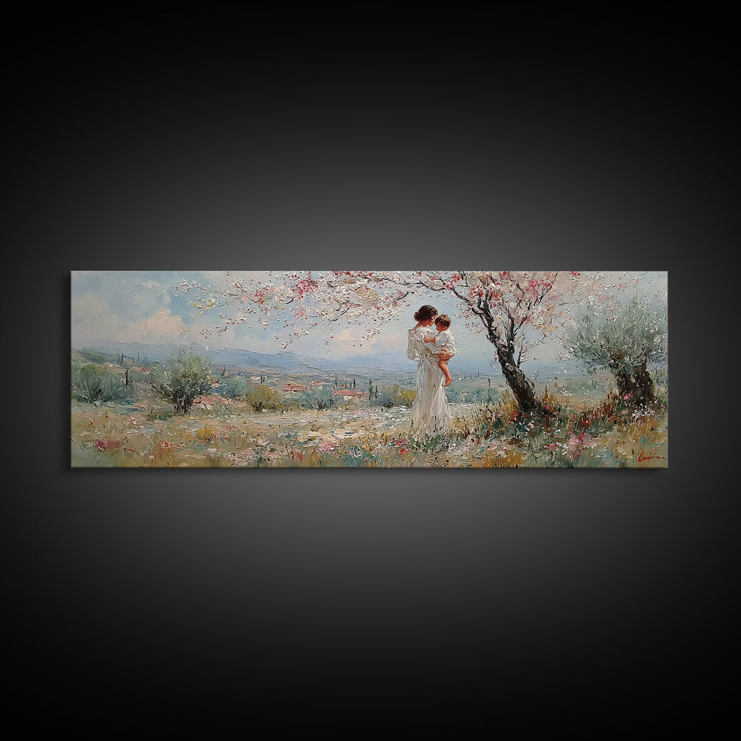 Mother And Baby Under Blossoming Tree Framed Canvas Print, Impressionist Spring Landscape Wall Decor, Nursery Art Gift For Her