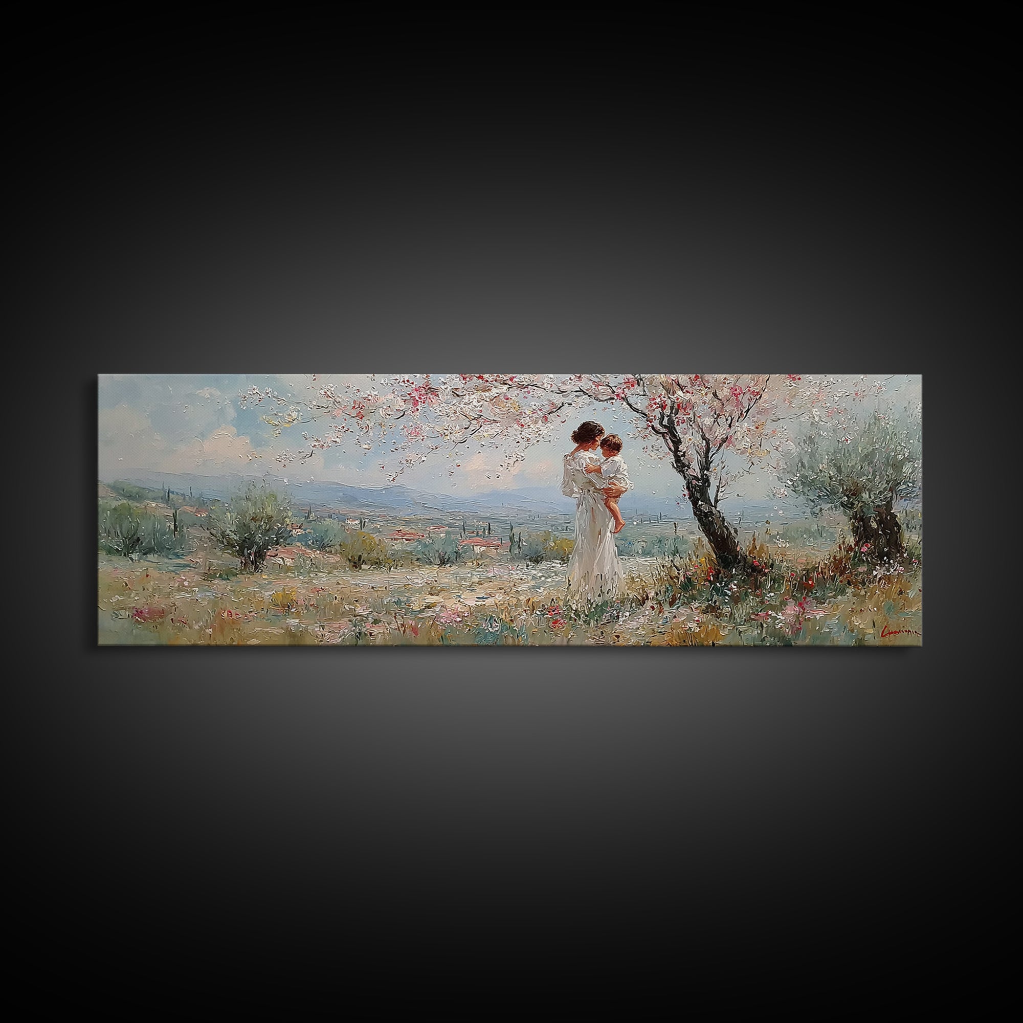 Mother And Baby Under Blossoming Tree Framed Canvas Print, Impressionist Spring Landscape Wall Decor, Nursery Art Gift For Her