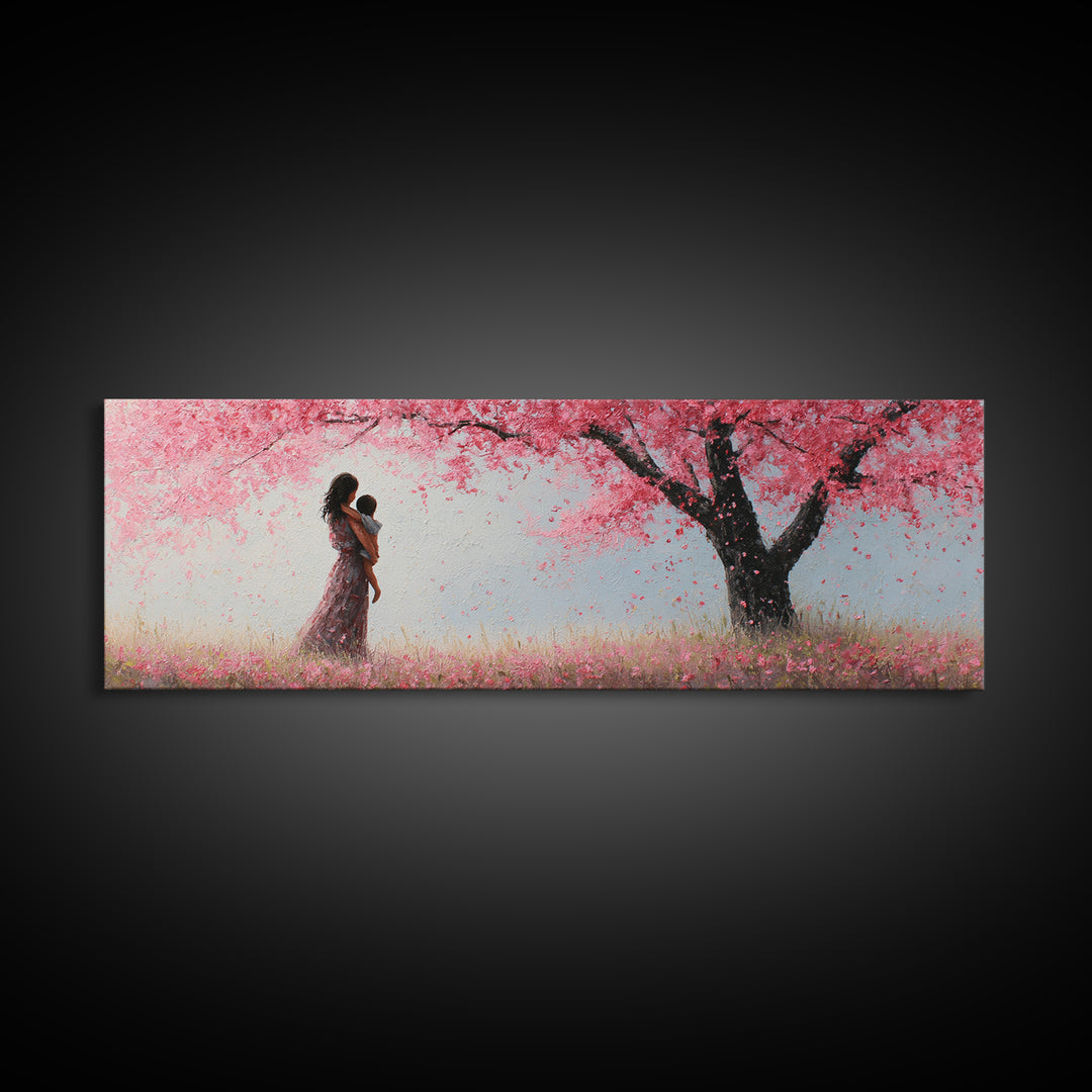 Mother And Infant Beneath Pink Cherry Blossoms Wall Art, Romantic Spring Nursery Decor, Feminine Canvas Art Gift For Her