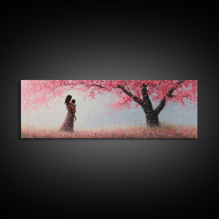 Mother And Infant Beneath Pink Cherry Blossoms Wall Art, Romantic Spring Nursery Decor, Feminine Canvas Art Gift For Her