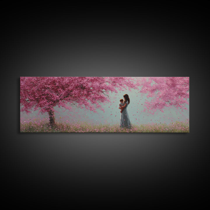 Mother Holding Baby In Pink Blossom Grove Framed Canvas Print, Pastel Nursery Wall Art, Cherry Blossom Home Decor Gift For Mom