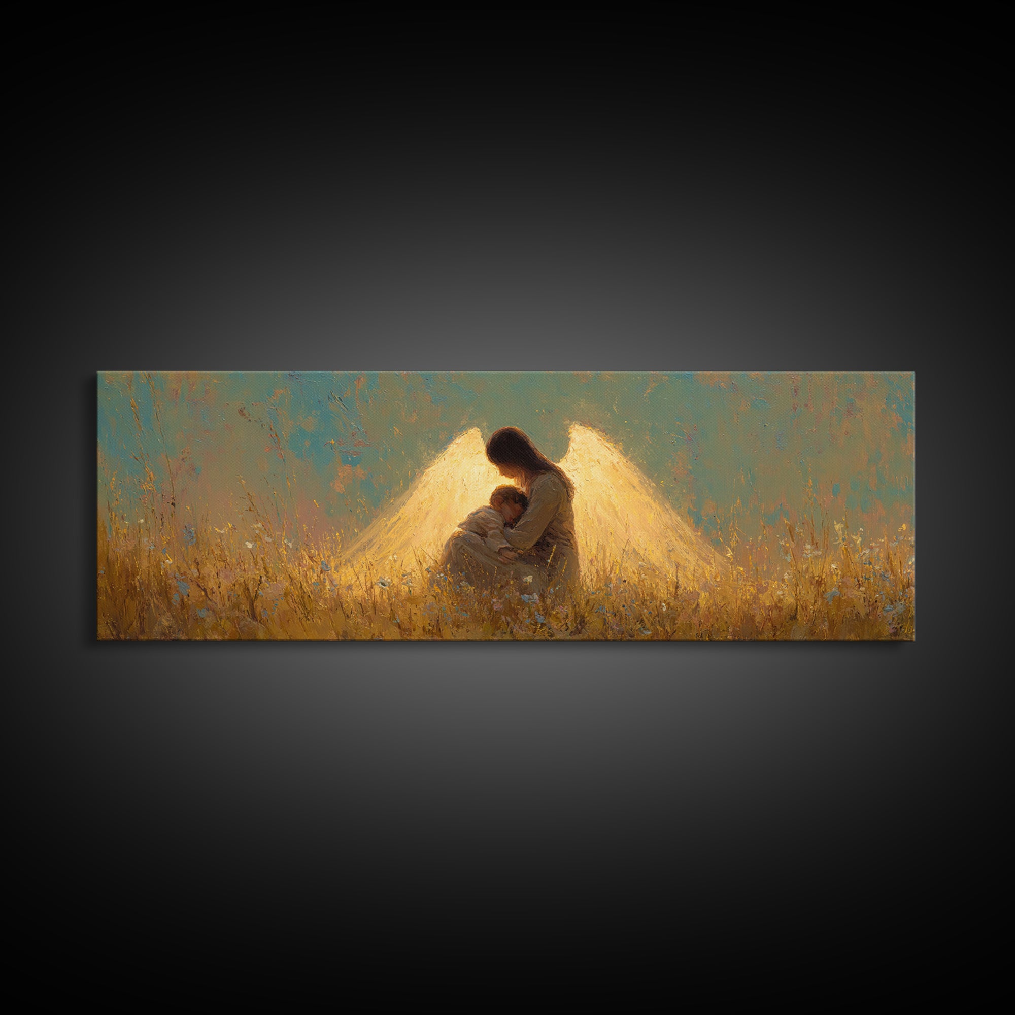 Golden Guardian Angel Embracing Child Canvas Print, Spiritual Wall Art, Christian Nursery Home Decor, Sympathy Gift For Mom