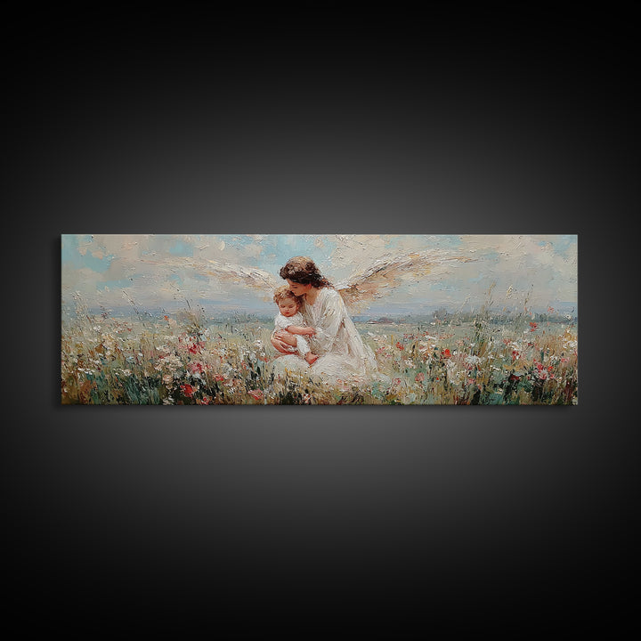 White Winged Angel Holding Baby In Meadow Canvas Print, Christian Wall Art, Spiritual Nursery Decor, Guardian Angel Gift