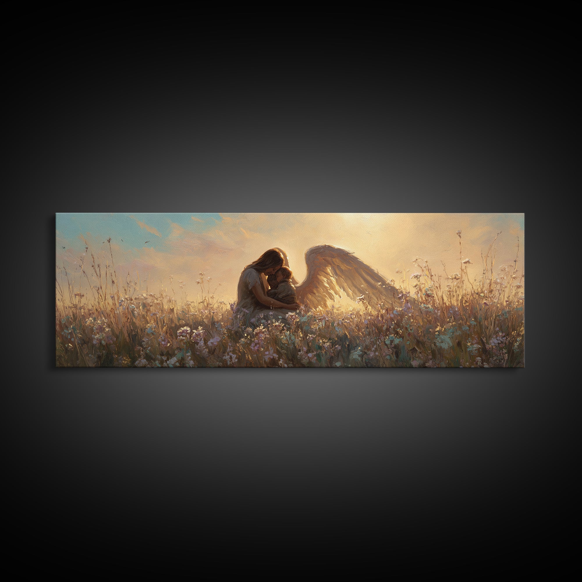 Sunset Guardian Angel Cuddling Child Wall Art, Golden Wildflower Meadow Canvas Print, Christian Nursery Decor Gift For Mom