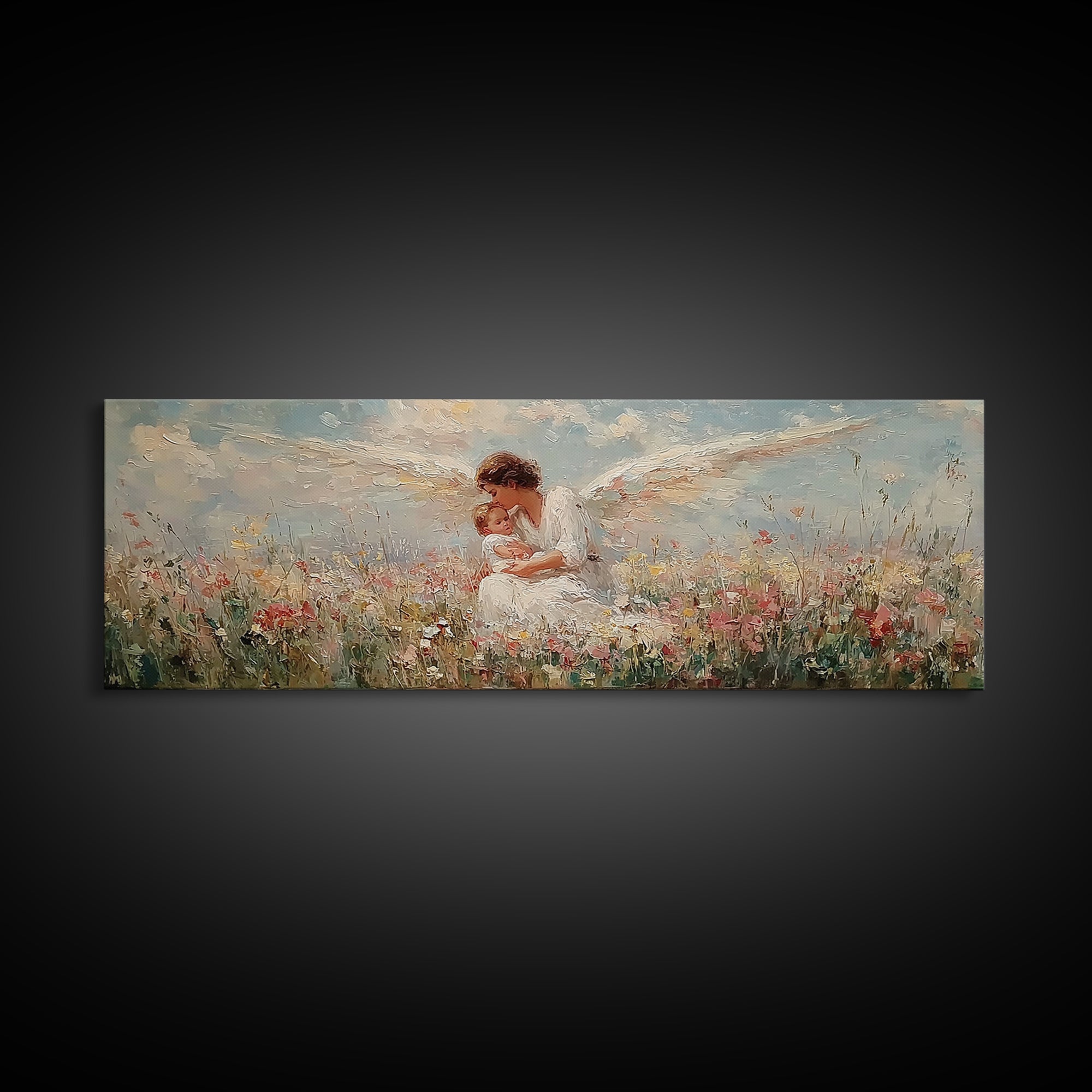 Curly Haired Angel Holding Baby In Flowers Canvas Print, Christian Wall Art, Spiritual Nursery Decor, Baptism Gift For Baby