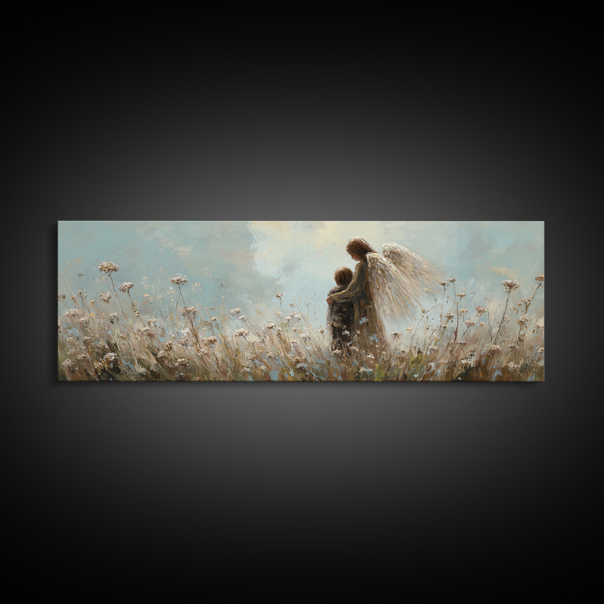 Guardian Angel Walking With Child In Meadow Wall Art, Soft Blue Wildflower Canvas Print, Christian Nursery Decor Gift For Mom