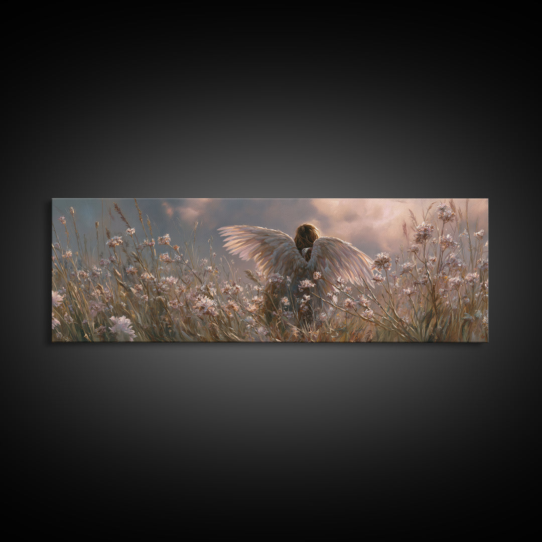 Angel In Wildflower Meadow Wall Art, Spiritual Nursery Decor, Ethereal Landscape Print, Christian Gift, Above Bed Art, Calming Decor