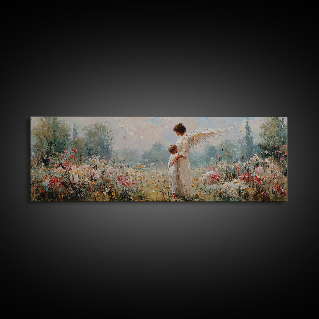 Guardian Angel With Child Framed Canvas Print, Spiritual Wall Art, Nursery Decor, Christian Gift, Wildflower Landscape Art