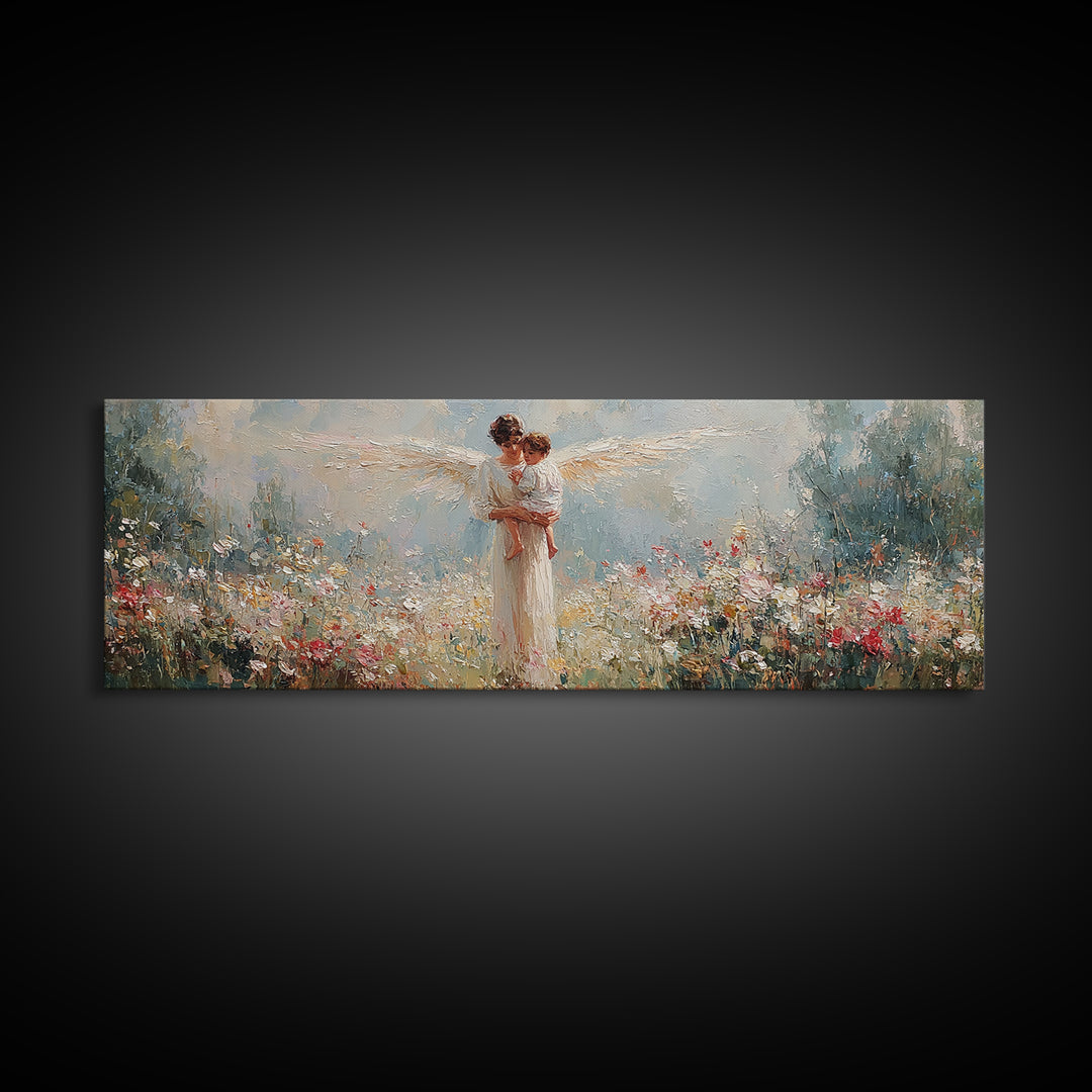 Angel Mother Holding Child Canvas Print, Christian Wall Art, Nursery Decor, Ethereal Meadow Painting, Gift For Her, Housewarming Gift