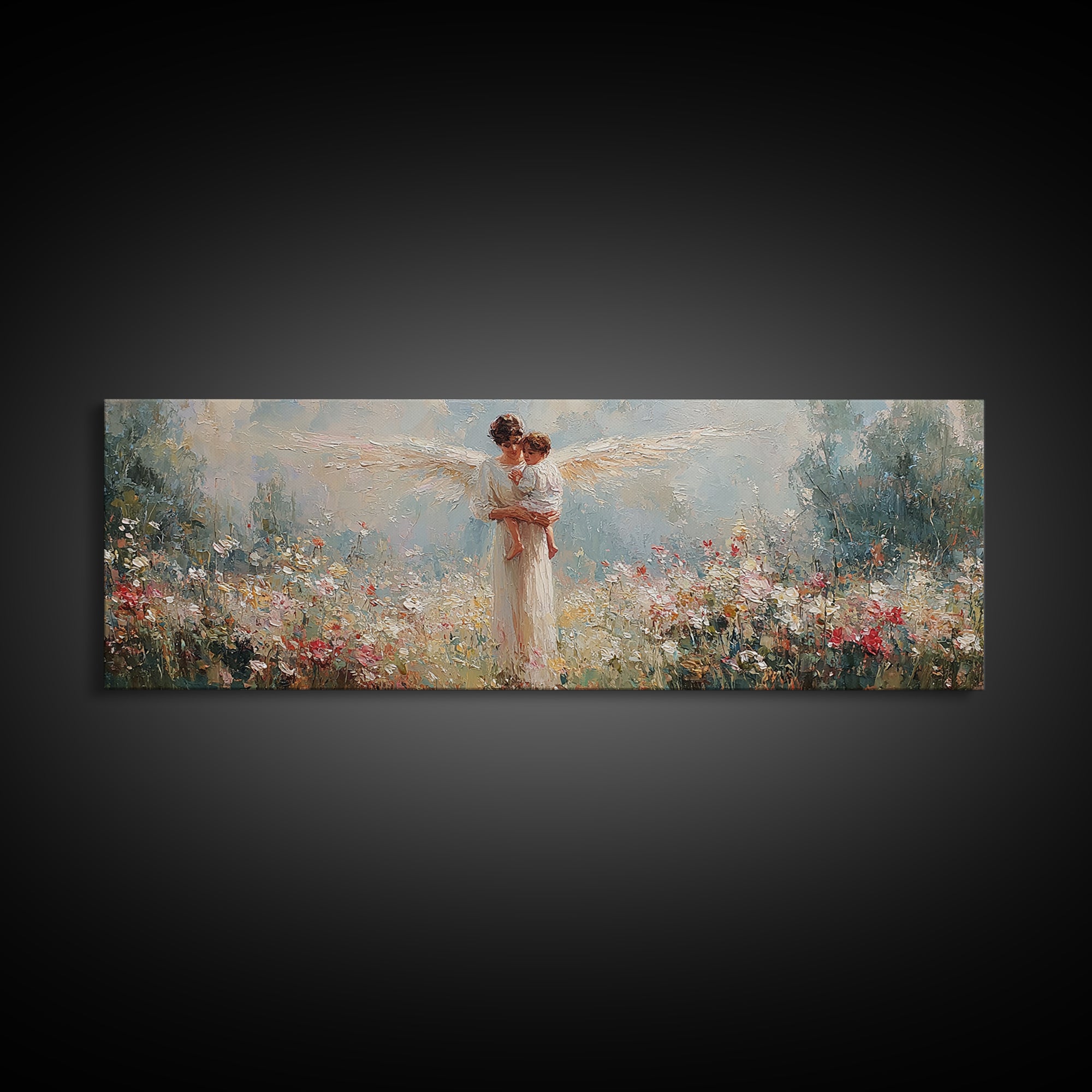 Angel Mother Holding Child Canvas Print, Christian Wall Art, Nursery Decor, Ethereal Meadow Painting, Gift For Her, Housewarming Gift