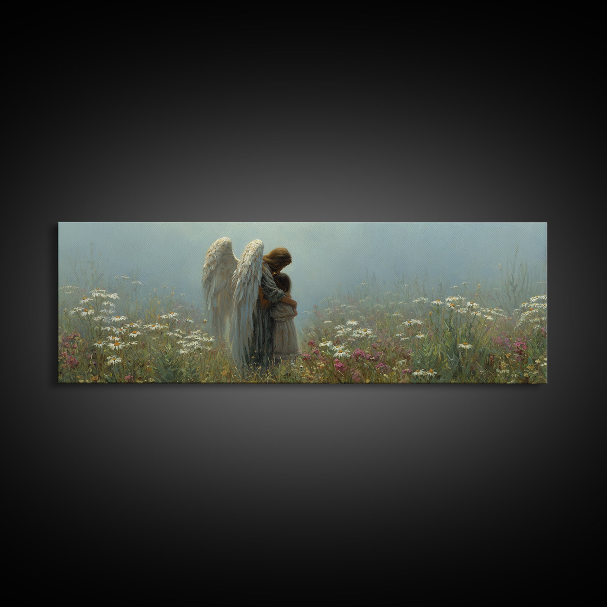 Angel And Little Girl Meadow Wall Art, Christian Nursery Decor, Spiritual Canvas Art, Wildflower Landscape, Calming Gift