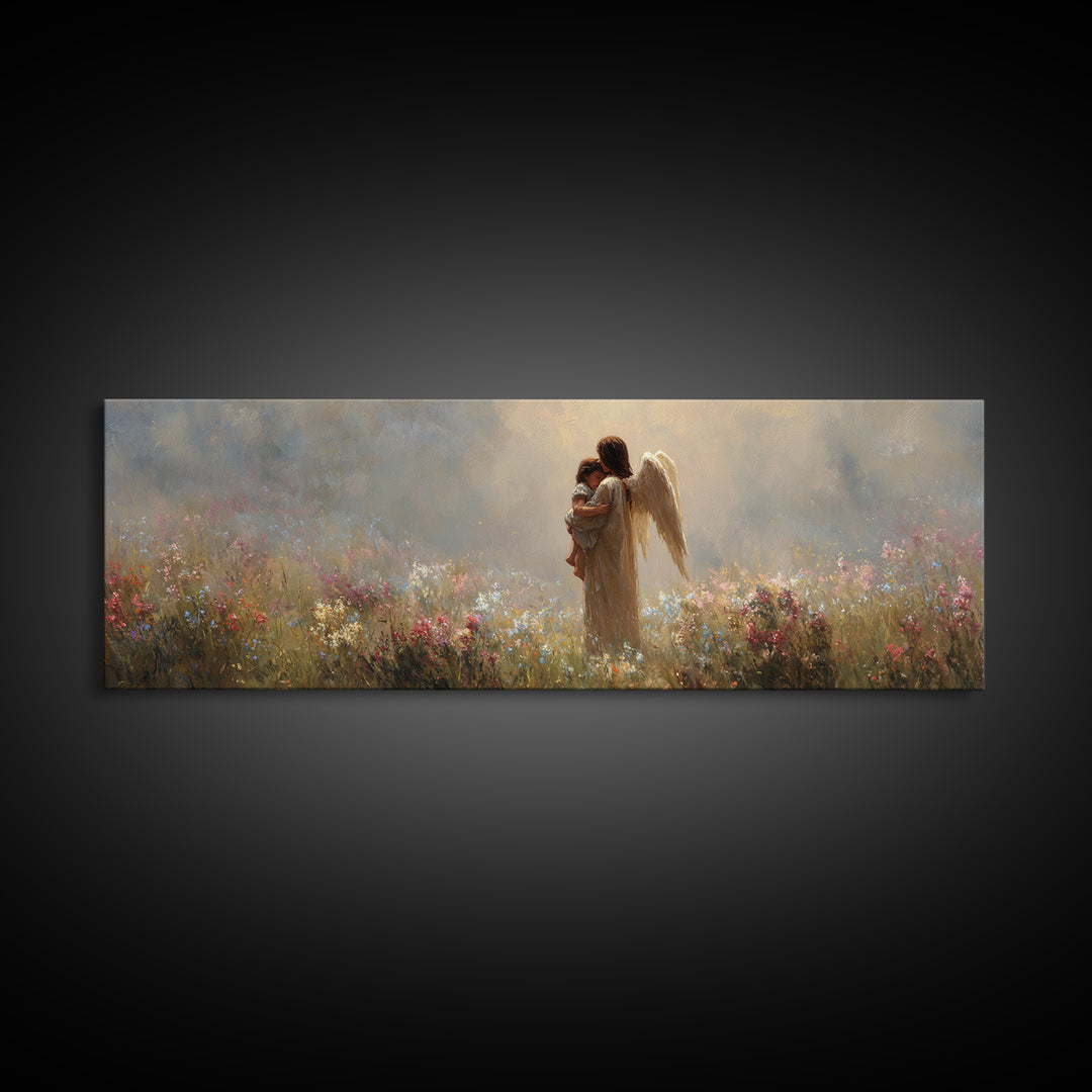 Angel Mother And Baby Framed Canvas Print, Christian Wall Art, Nursery Decor, Wildflower Meadow, Spiritual Art Gift For Her