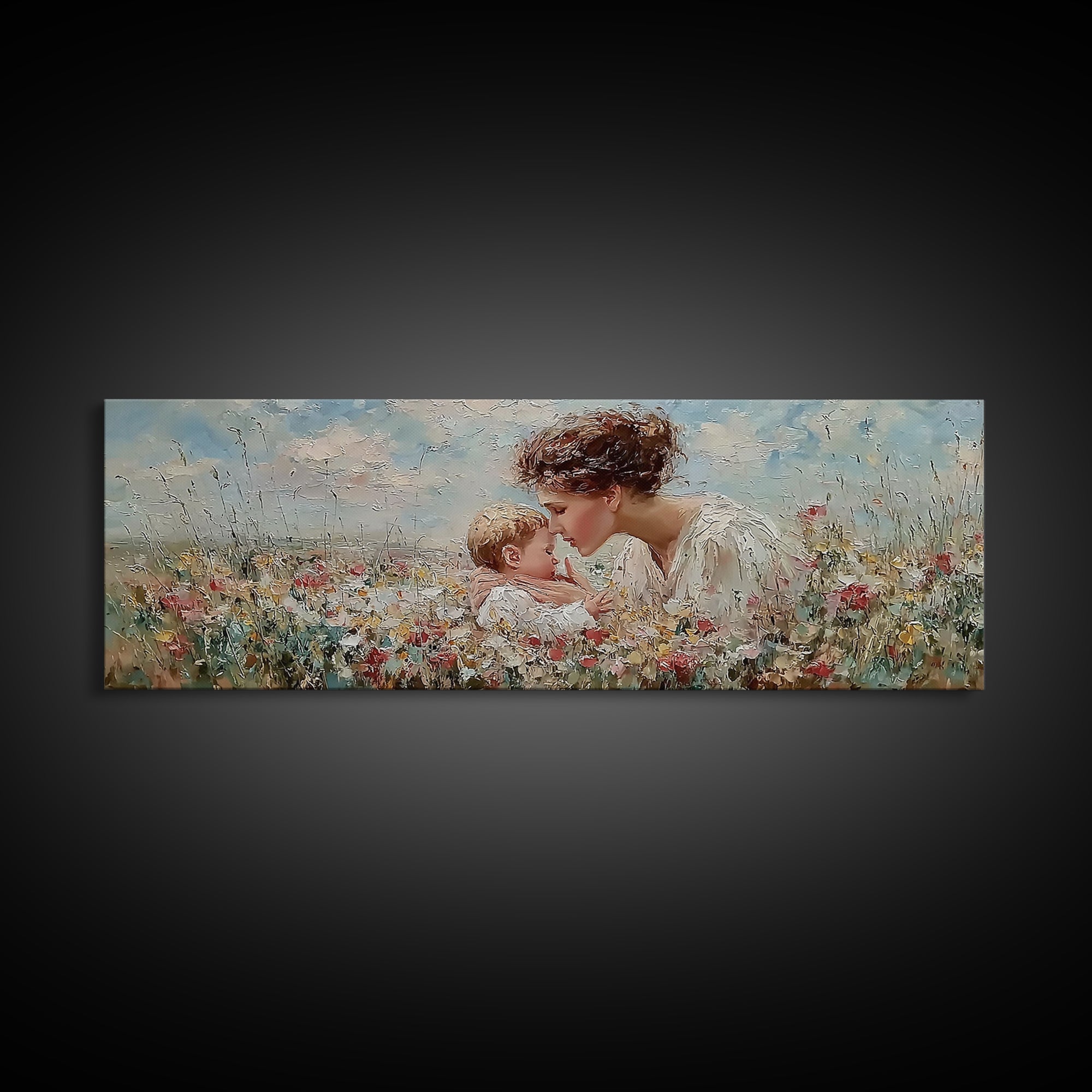 Angel Mother Kissing Baby Framed Canvas Print, Christian Nursery Wall Art, Wildflower Meadow Decor, Gift For Mom, Spiritual Art