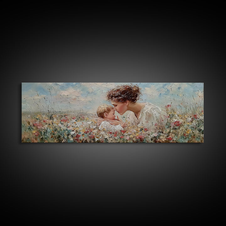 Angel Mother Kissing Baby Framed Canvas Print, Christian Nursery Wall Art, Wildflower Meadow Decor, Gift For Mom, Spiritual Art