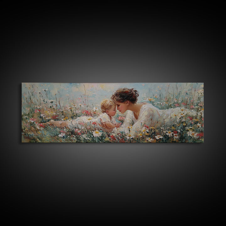 Mother And Baby In Wildflowers Canvas Print, Tender Nursery Wall Art, Christian Decor, Floral Meadow, Gift For Her, Home Decor