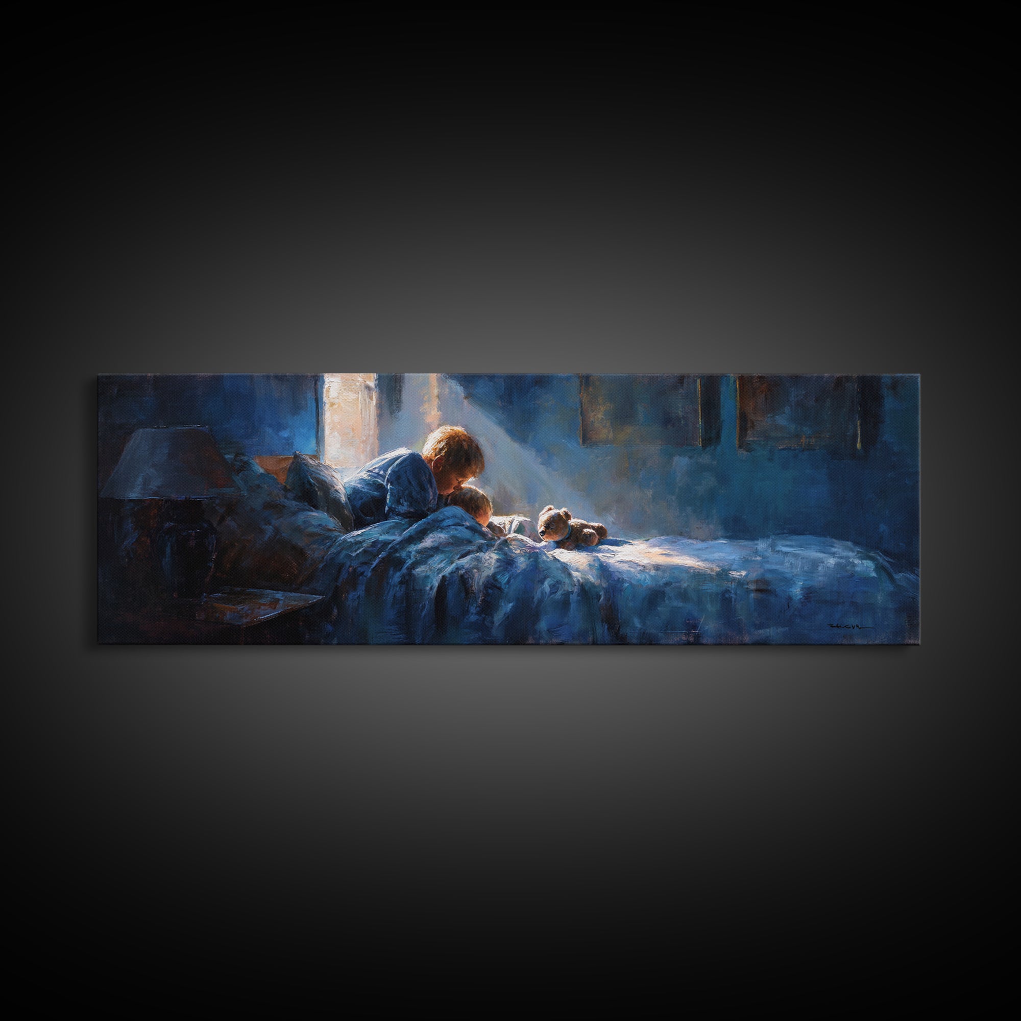 Mother Reading To Child In Blue Bedroom Wall Art, Moody Impressionist Bedtime Print, Cozy Nursery Decor, Above Bed Gift For Mom