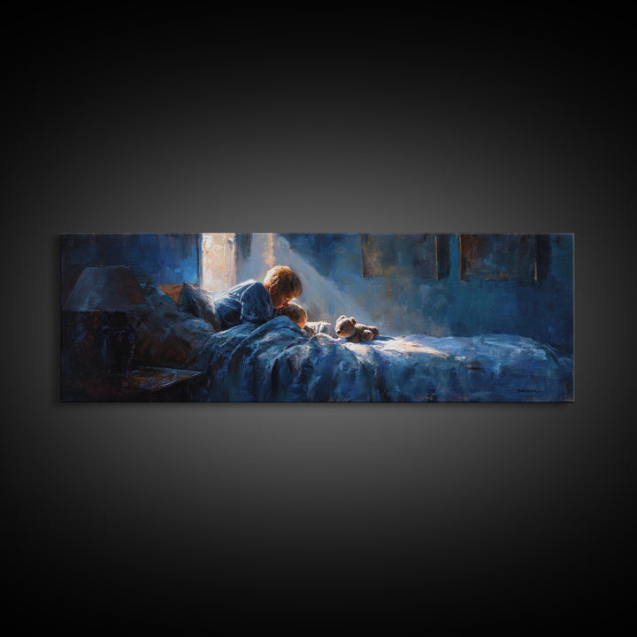Mother Reading To Child In Blue Bedroom Wall Art, Moody Impressionist Bedtime Print, Cozy Nursery Decor, Above Bed Gift For Mom