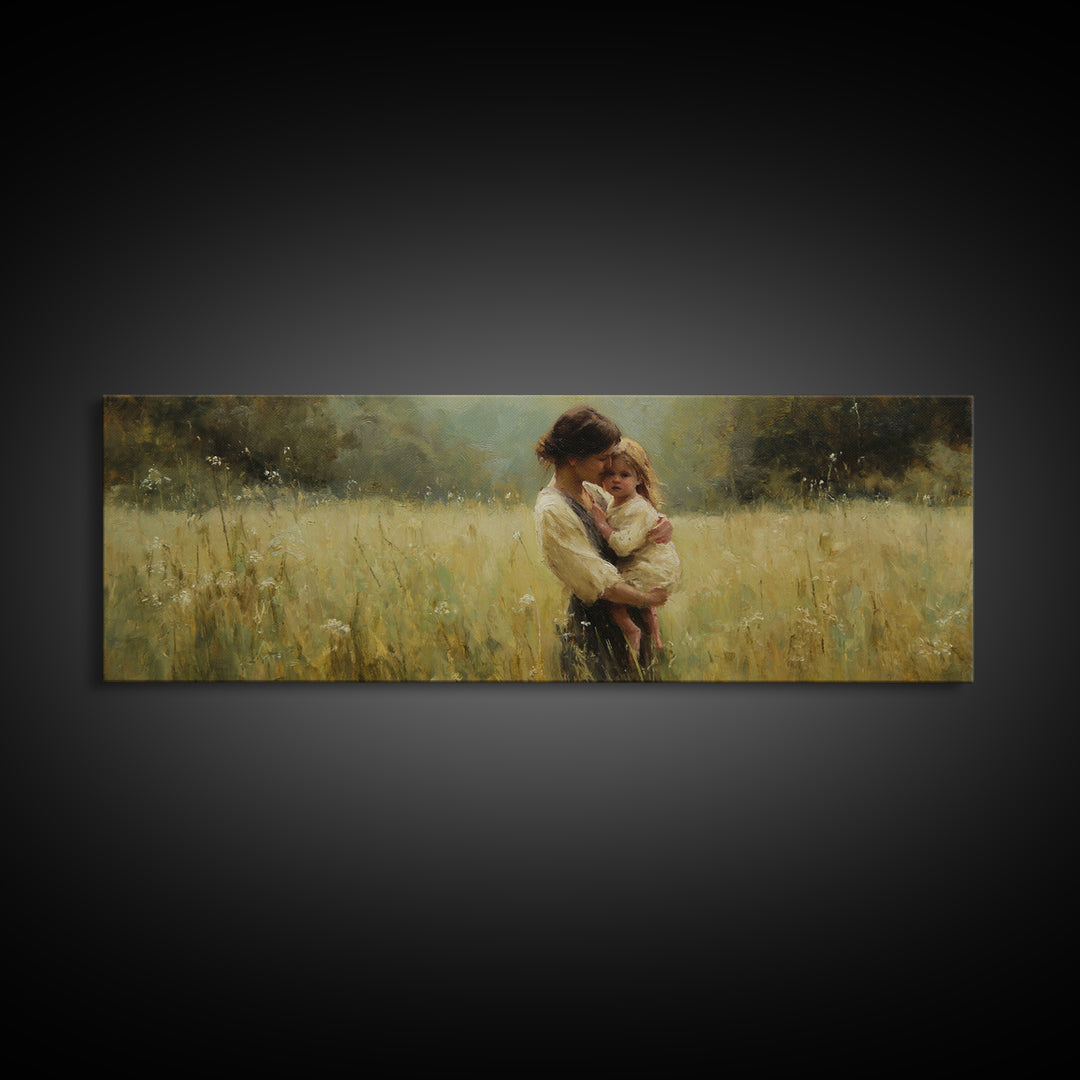Mother Holding Toddler In Golden Field Framed Canvas Print, Impressionist Landscape Wall Art, Rustic Farmhouse Nursery Decor