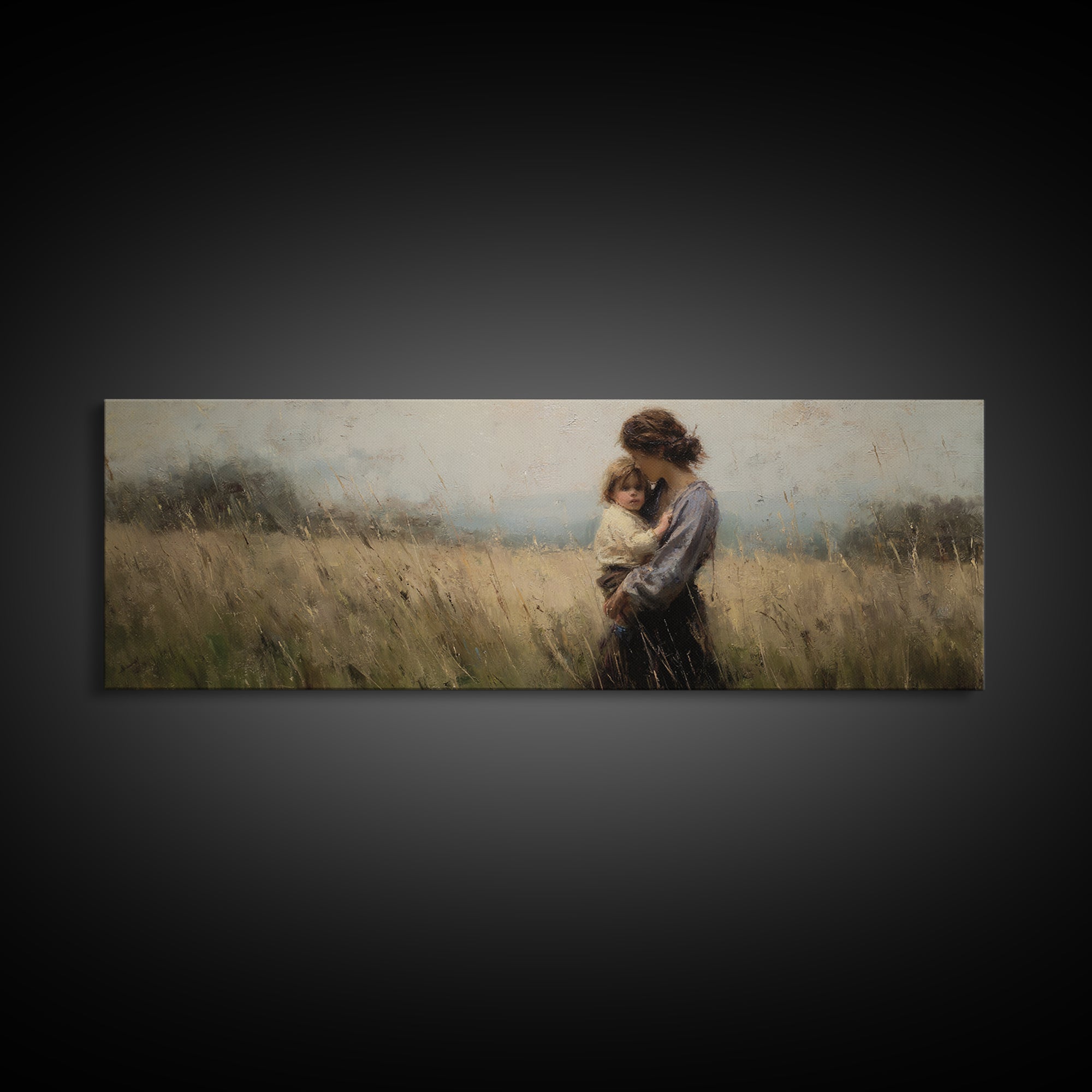 Tender Mother And Child In Wheat Field Canvas Print, Moody Impressionist Wall Art, Neutral Nursery Decor, Gift For Mom, Living Room Art