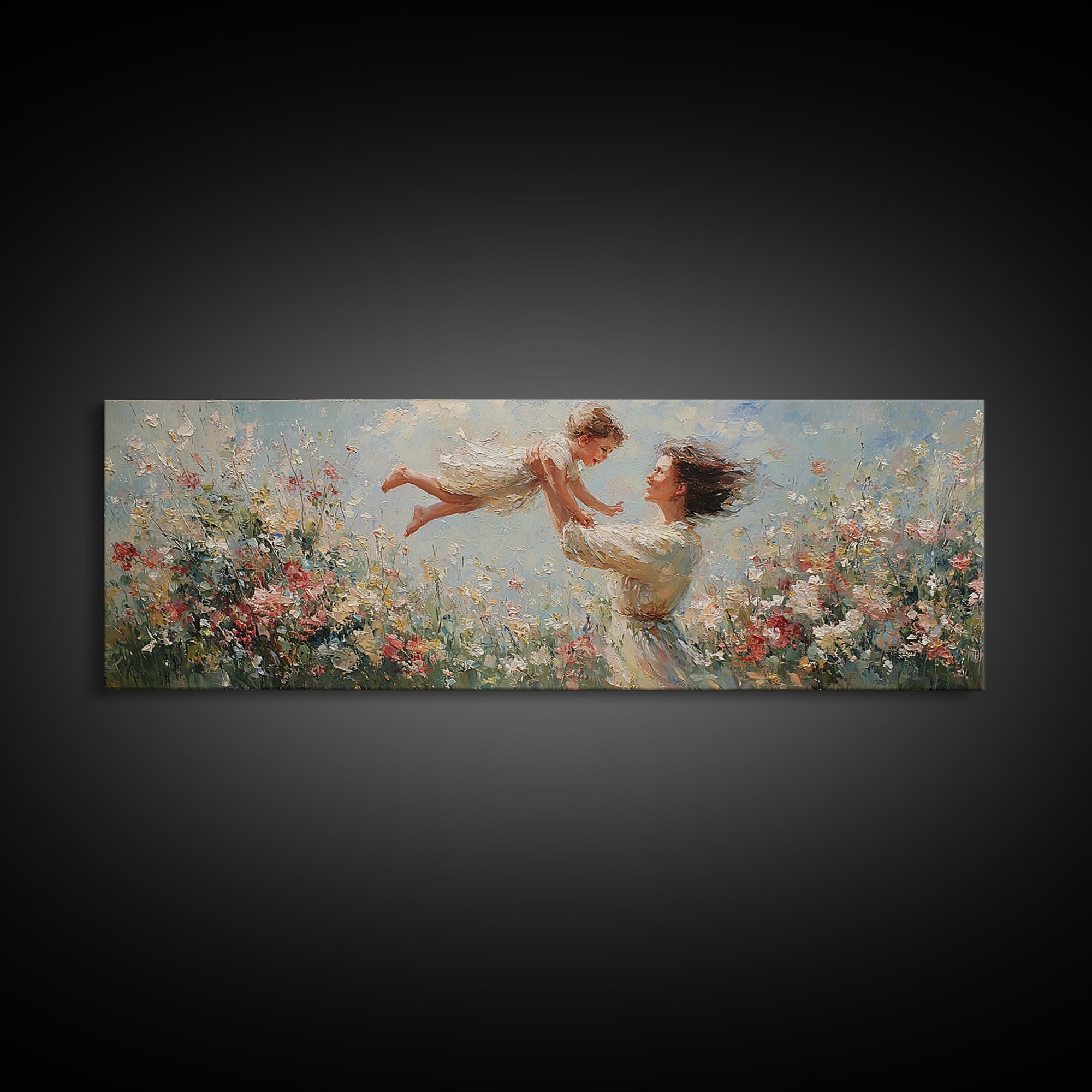 Mother Lifting Child Over Blooming Meadow Framed Canvas Print, Impressionist Floral Wall Art, Nursery Decor Gift For Mom