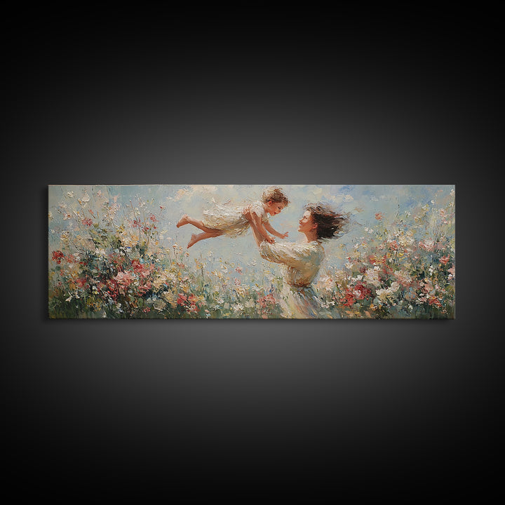 Mother Lifting Child Over Blooming Meadow Framed Canvas Print, Impressionist Floral Wall Art, Nursery Decor Gift For Mom