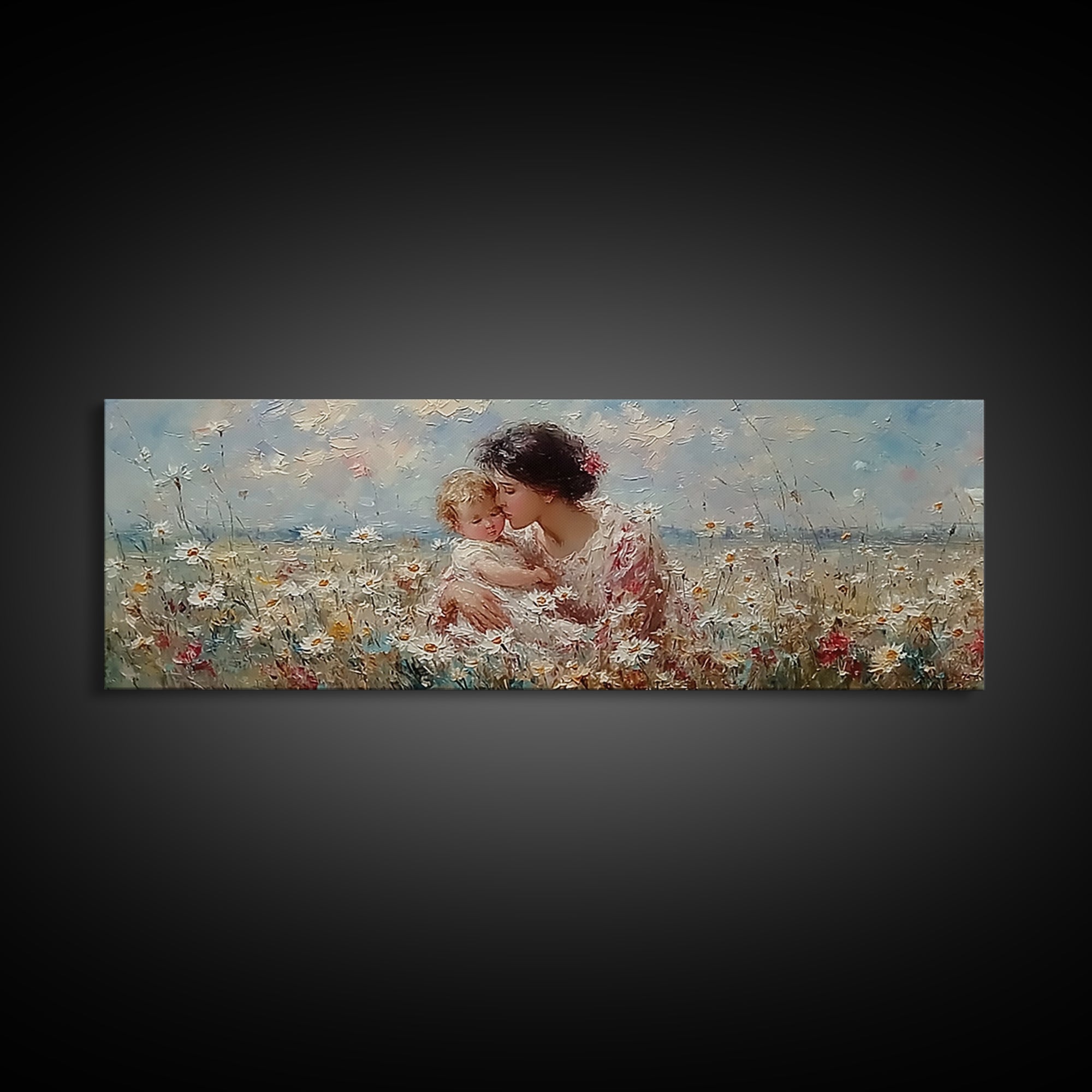 Tender Mother And Child Embrace In Daisy Field Framed Canvas Print, Floral Wall Art, Feminine Nursery Decor Gift For Her