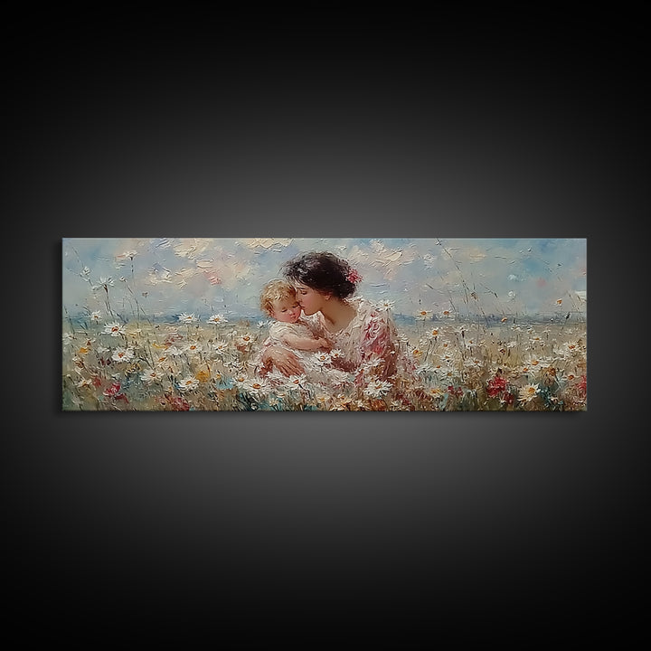 Tender Mother And Child Embrace In Daisy Field Framed Canvas Print, Floral Wall Art, Feminine Nursery Decor Gift For Her