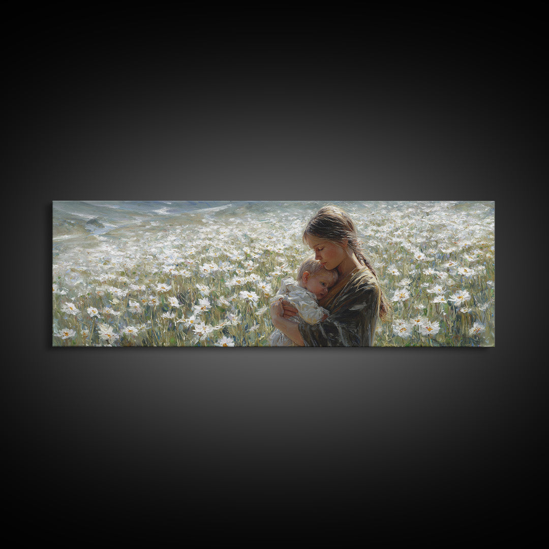 Peaceful Mother Cradling Baby In White Daisy Meadow Canvas Print, Nature Wall Art, Feminine Nursery Decor Gift For New Mom