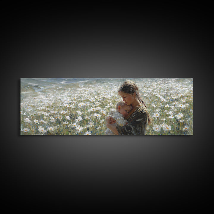 Peaceful Mother Cradling Baby In White Daisy Meadow Canvas Print, Nature Wall Art, Feminine Nursery Decor Gift For New Mom