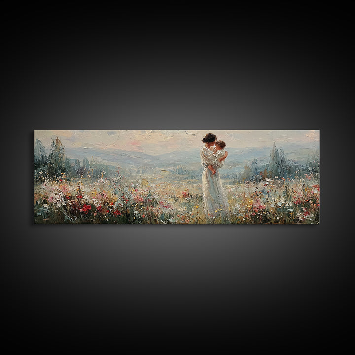 Mother Holding Infant Above Misty Floral Valley Canvas Print, Landscape Wall Art, Romantic Bedroom Decor Housewarming Gift