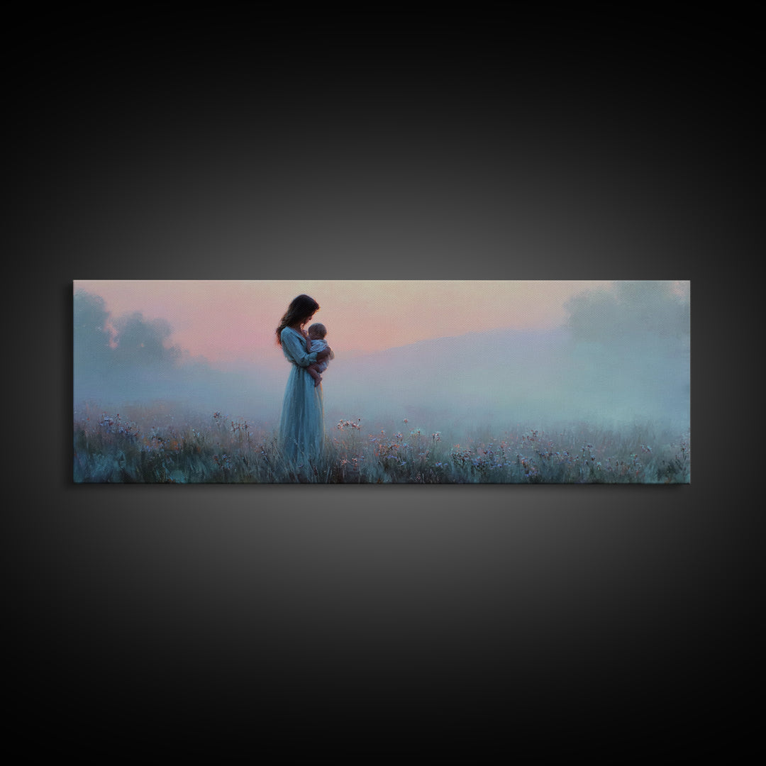 Mother And Baby At Misty Pink Dawn Framed Canvas Print, Moody Wall Art, Feminine Nursery Decor, Romantic Bedroom Gift For Mom