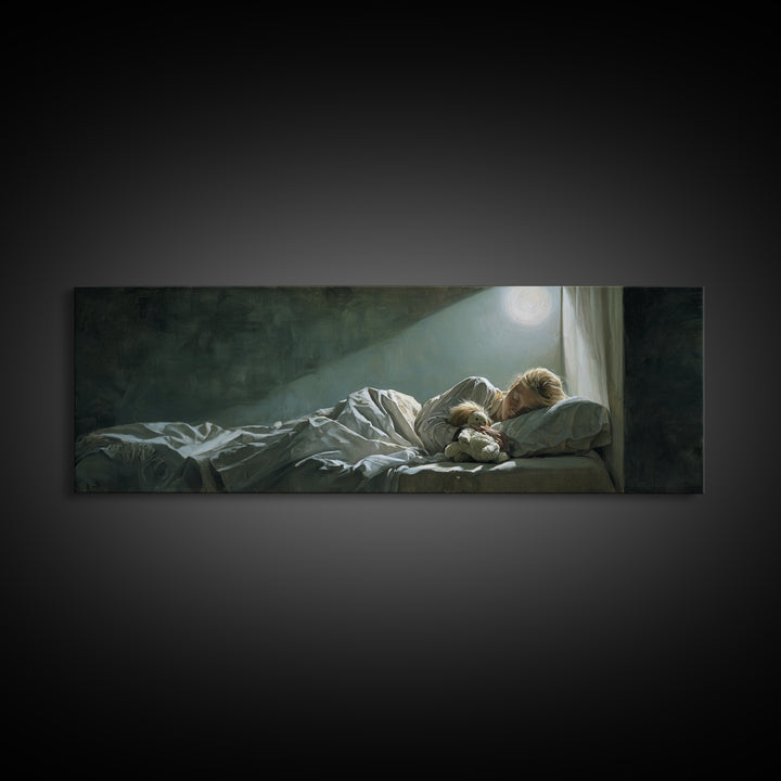 Moonlit Mother And Child Sleeping Beside Teddy Bear Canvas Print, Calming Wall Art, Nursery Bedroom Decor Gift For New Mom