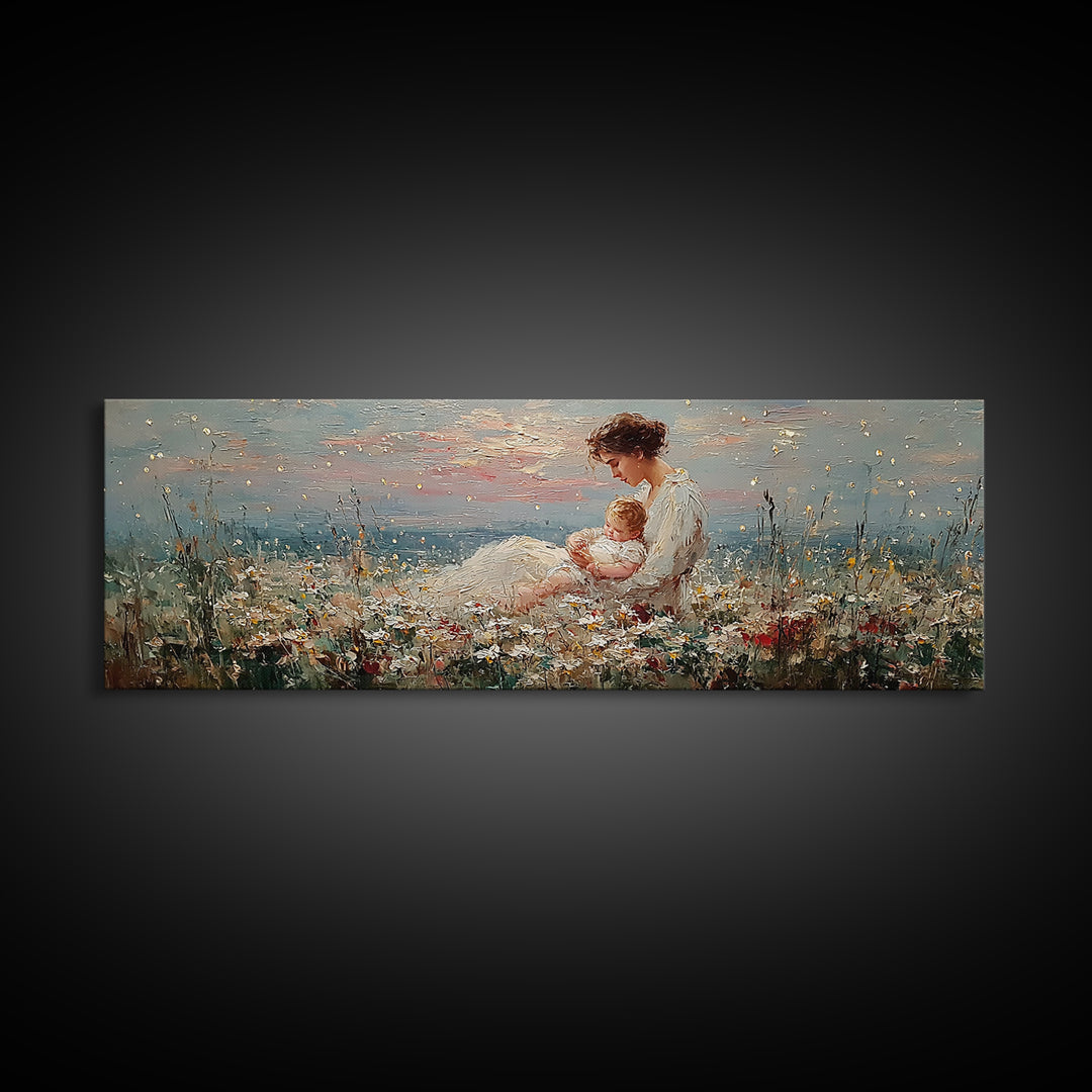 Mother And Baby Wildflower Meadow Wall Art, Angelic Nursery Decor, Feminine Fine Art Print, Gift For Mom, Living Room Decor