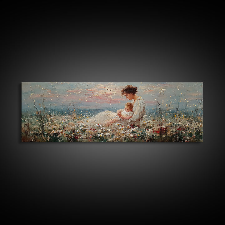 Mother And Baby Wildflower Meadow Wall Art, Angelic Nursery Decor, Feminine Fine Art Print, Gift For Mom, Living Room Decor