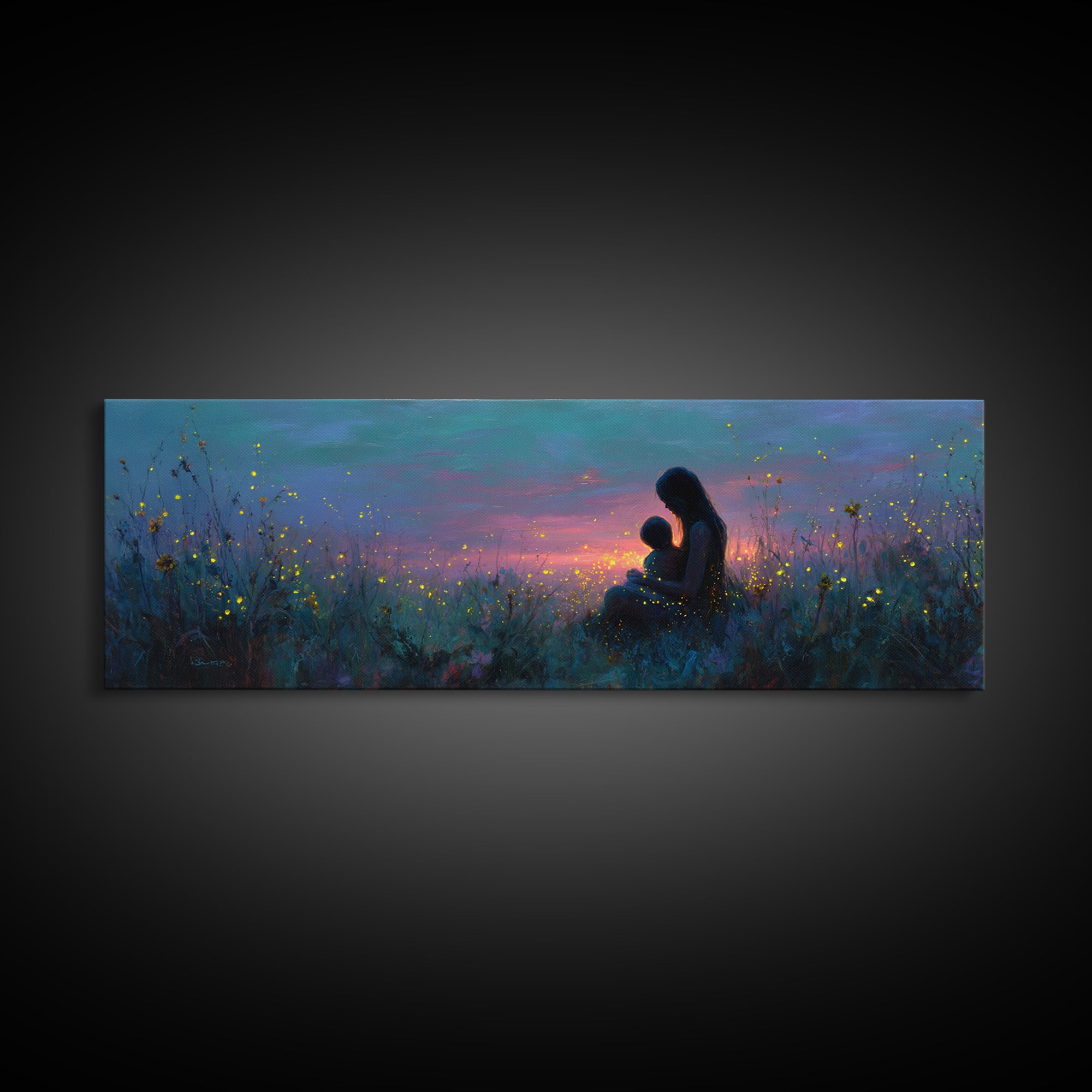 Mother And Child Twilight Meadow Canvas Print, Celestial Firefly Wall Decor, Boho Nursery Art, Gift For Mom, Bedroom Decor