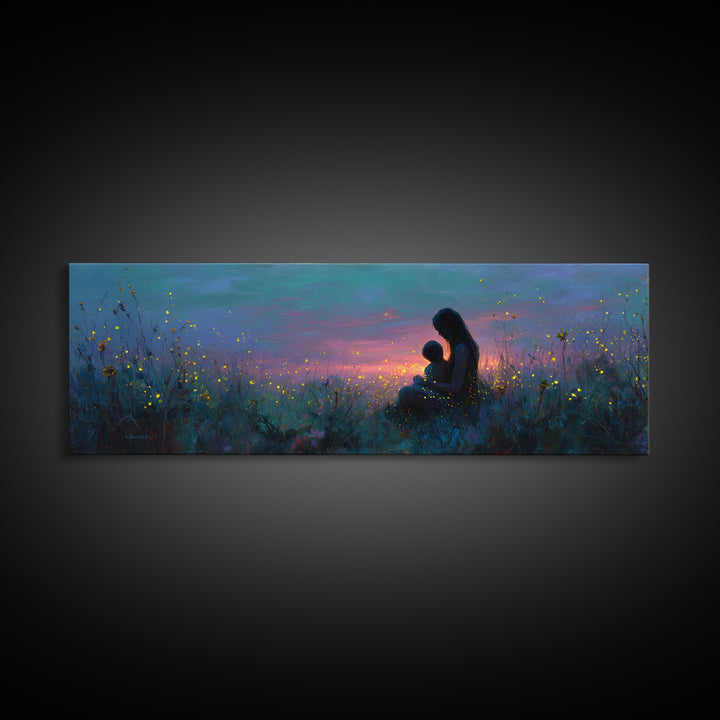 Mother And Child Twilight Meadow Canvas Print, Celestial Firefly Wall Decor, Boho Nursery Art, Gift For Mom, Bedroom Decor