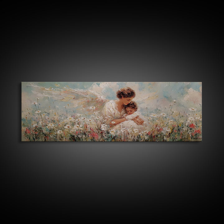 Guardian Angel And Child Framed Canvas Print, Wildflower Meadow Wall Art, Christian Nursery Decor, Gift For Mom, Fine Art