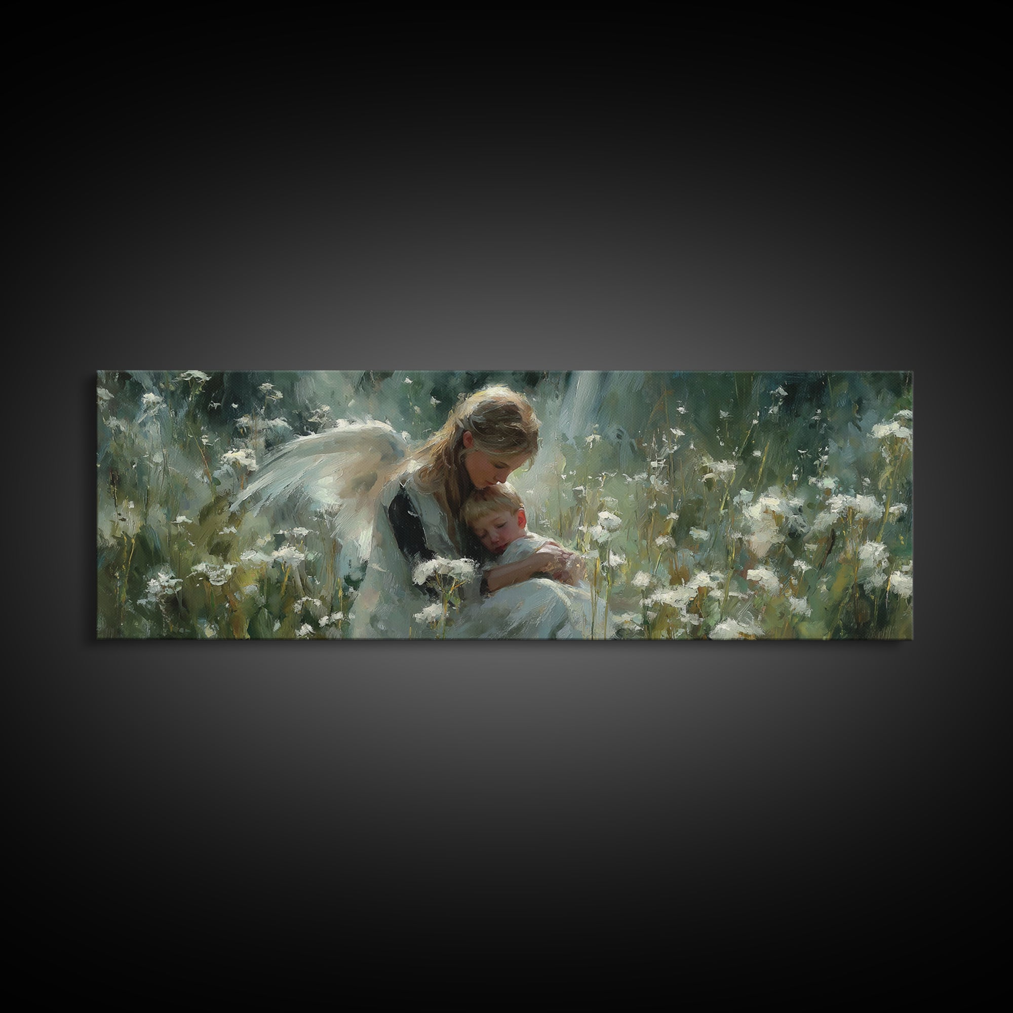 Blonde Guardian Angel With Baby Wall Art, Serene Wildflower Meadow Canvas Print, Christian Nursery Decor, Gift For Her, Home Decor