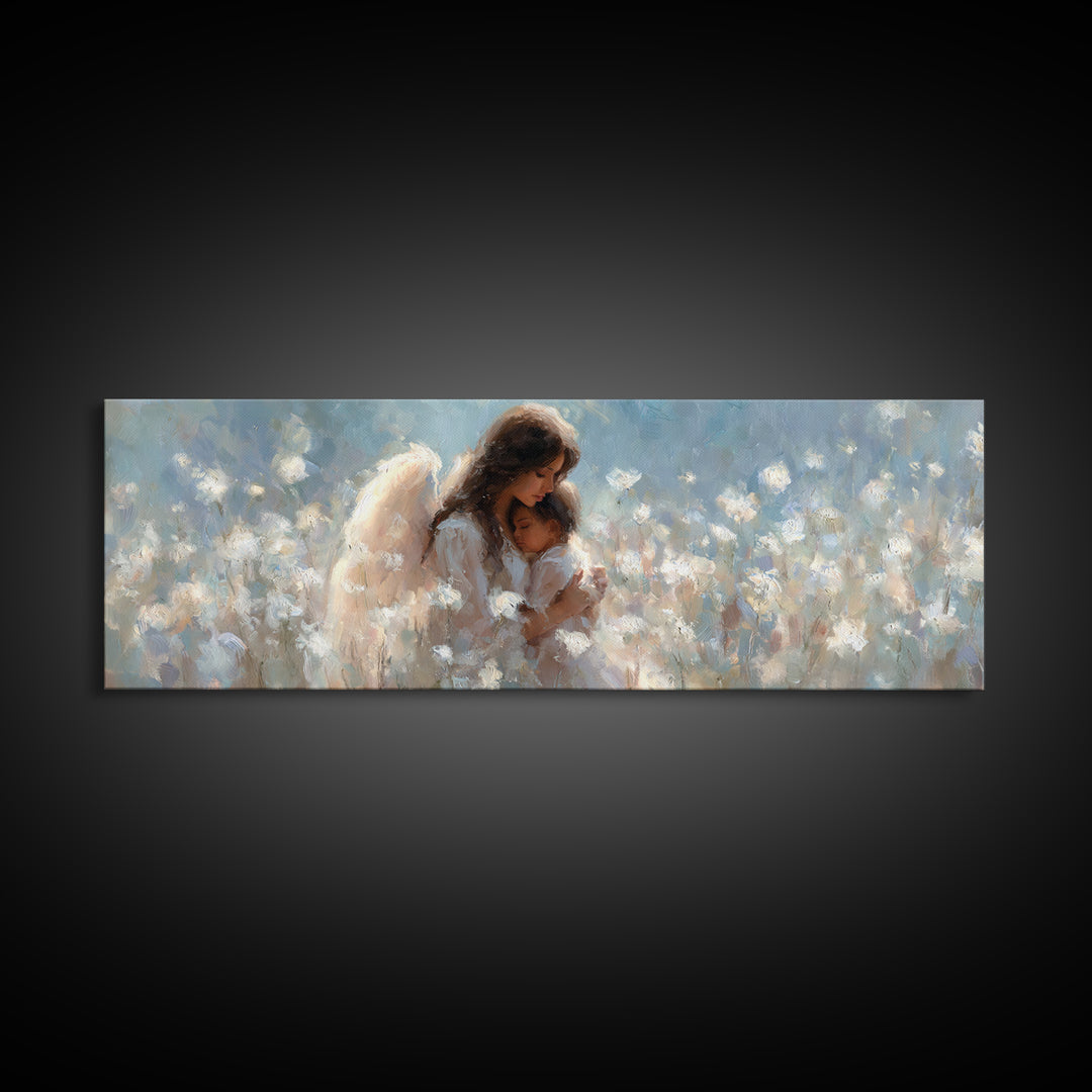 Angel Mother And Child In White Flowers Canvas Print, Dreamy Nursery Wall Art, Christian Home Decor, Gift For Mom, Fine Art