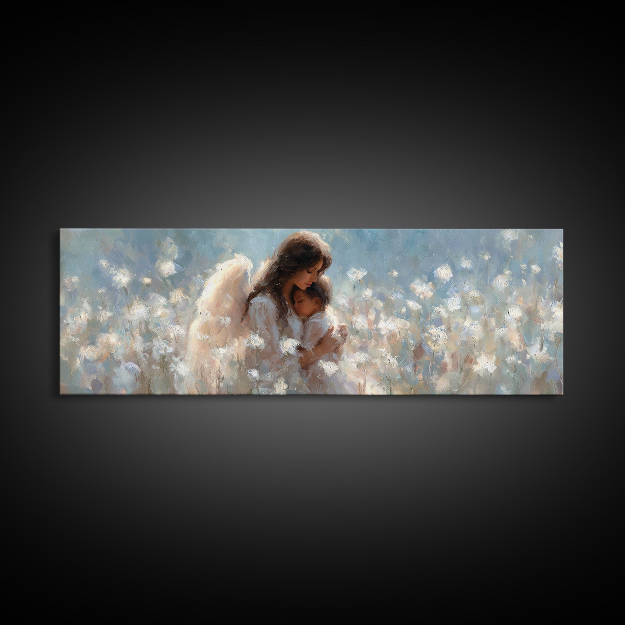 Angel Mother And Child In White Flowers Canvas Print, Dreamy Nursery Wall Art, Christian Home Decor, Gift For Mom, Fine Art