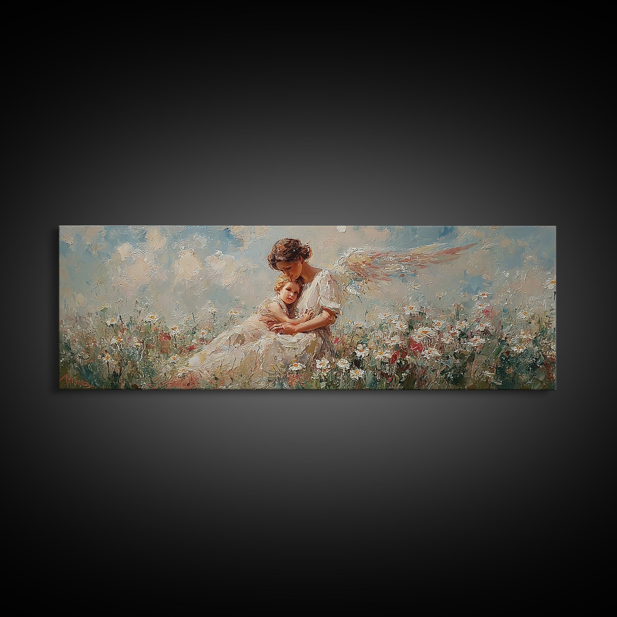 Mother Angel Holding Baby In Wildflowers Wall Art, Soft Pastel Canvas Print, Christian Nursery Decor, Gift For Mom, Home Decor