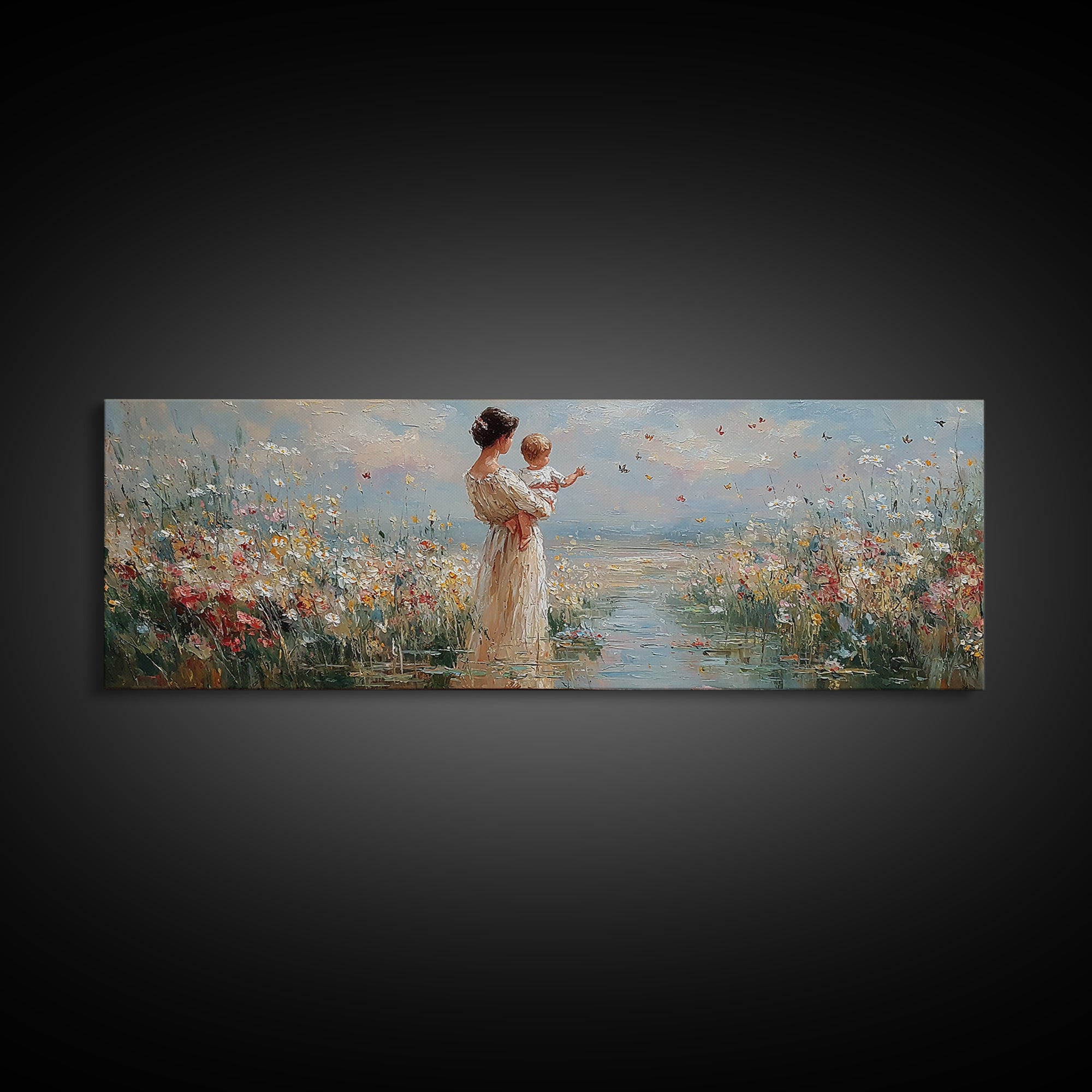 Mother Holding Baby By The Sea Wall Art, Wildflower Coastal Landscape Canvas Print, Nursery Decor, Gift For Mom, Fine Art