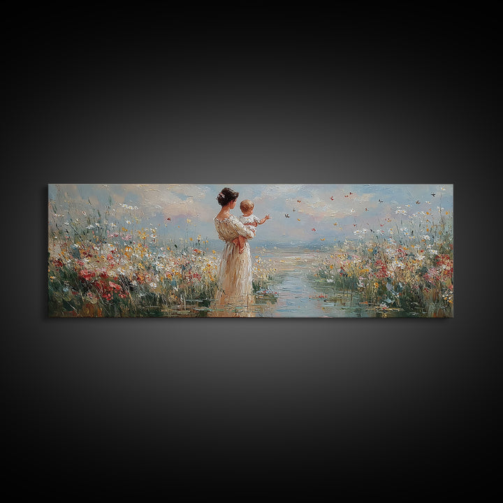 Mother Holding Baby By The Sea Wall Art, Wildflower Coastal Landscape Canvas Print, Nursery Decor, Gift For Mom, Fine Art