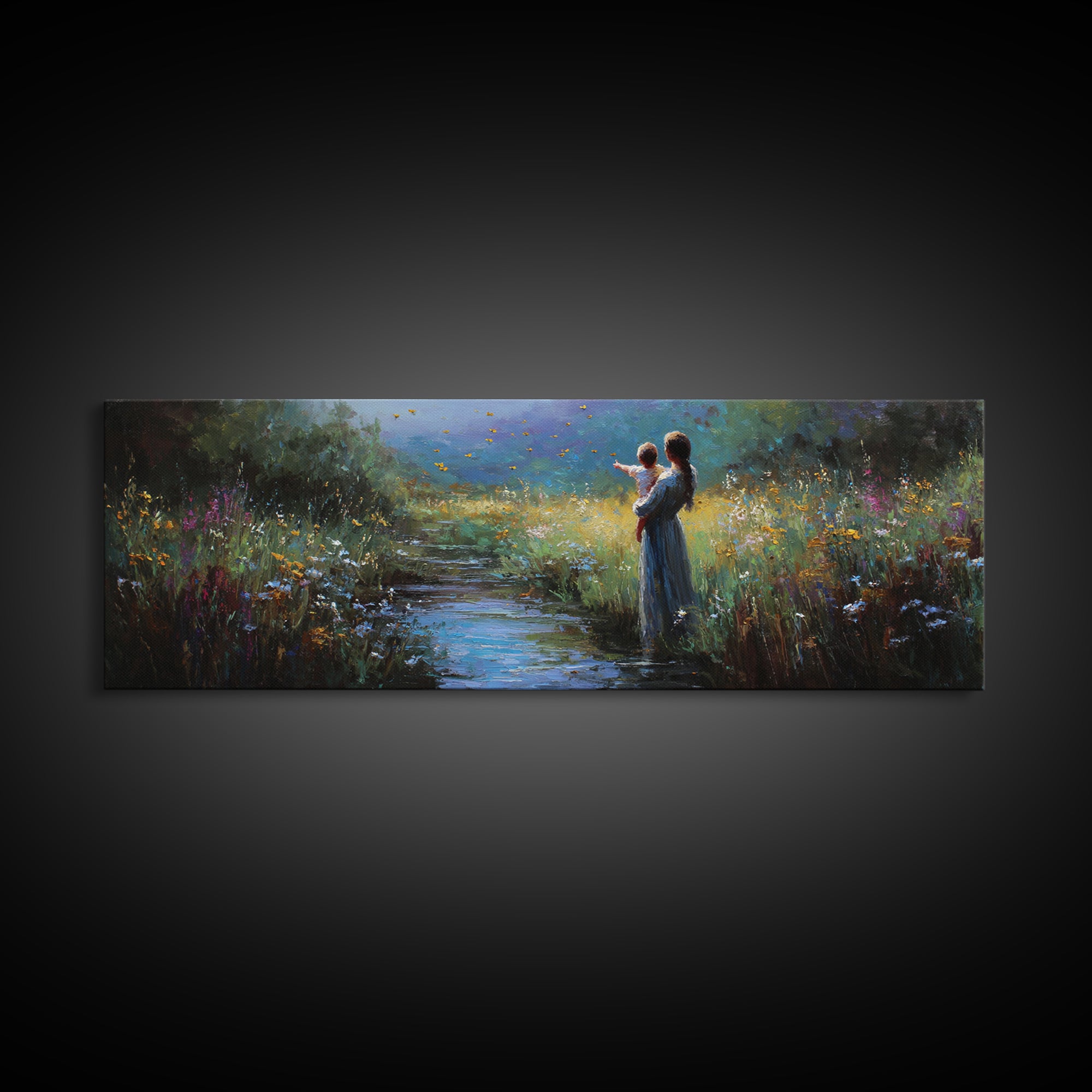 Mother And Child Beside Moonlit Stream Wall Art, Firefly Meadow Canvas Print, Spiritual Nursery Decor, Gift For Mom, Home Decor