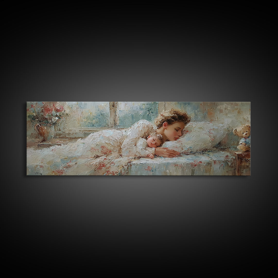 Sleeping Mother And Baby In Soft Light Wall Art, Tender Nursery Decor, Bedroom Canvas, Gift For Mom, Motherhood Art Print