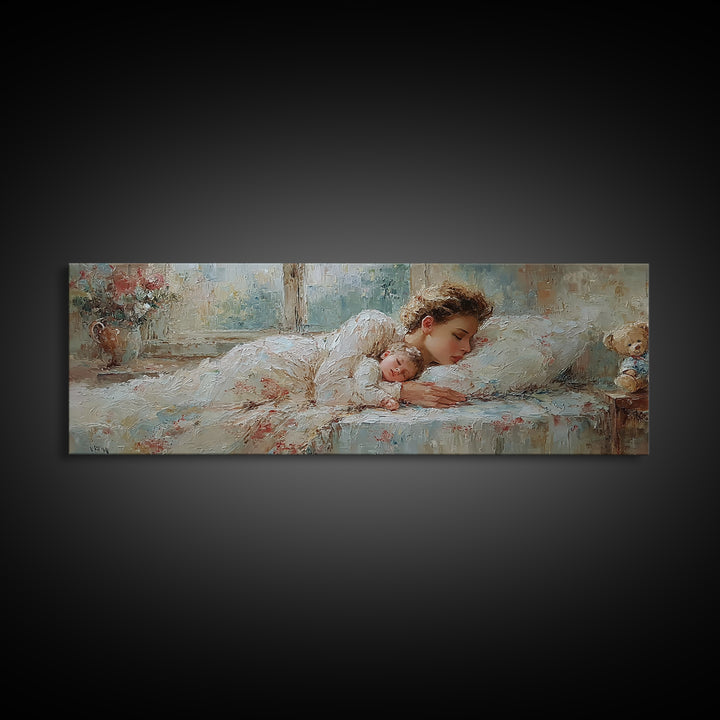 Sleeping Mother And Baby In Soft Light Wall Art, Tender Nursery Decor, Bedroom Canvas, Gift For Mom, Motherhood Art Print