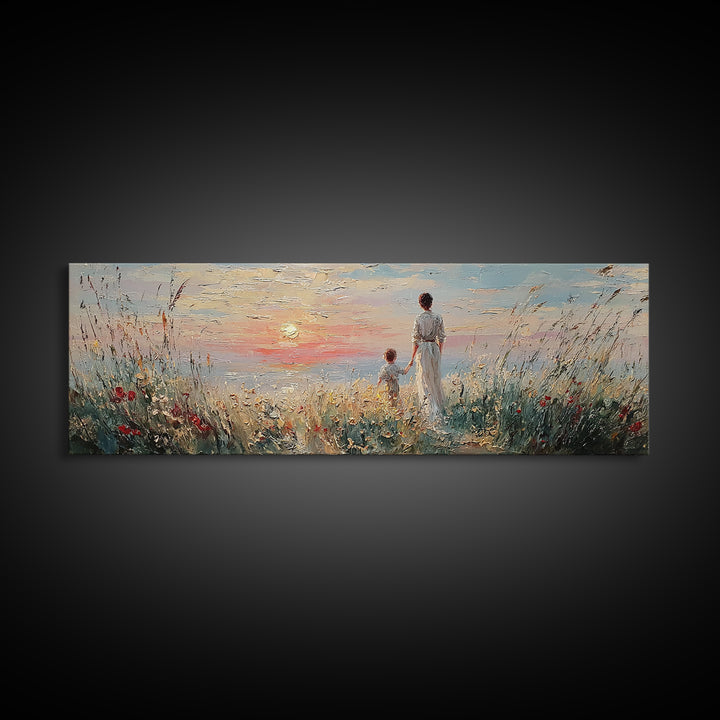 Mother And Child By Sunset Sea Canvas Print, Coastal Wall Art, Living Room Decor, Gift For Mom, Serene Beach Home Decor Prints